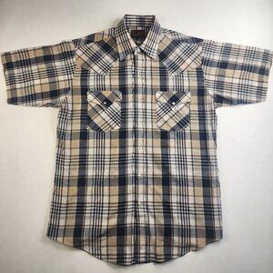 Plains Western Wear Shirt Mens Medium M Blue White Plaid Pearl Snap Cowboy Rodeo